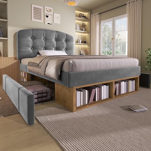 Dolamaní Cama tapizada de terciopelo 90 x 200 cm, cabecero curvado de altura ajustable, cama individual, cama con cajones y somier, cama juvenil, sin colchón (gris)