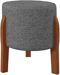 Kit 2 Puff Banquinho Redondo Decorativo Thor em Linho Pés Madeira Maciça Cor Cinza