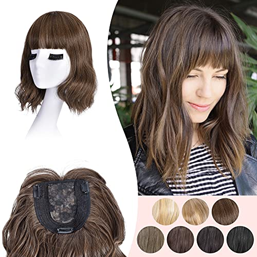 HOOJIH Hair Topper, 12" Wavy Wiglet Hairpieces Clips in Hair Extensions for Women with Thinning Hair Add Volume and Coverage - Brown with Highlight
