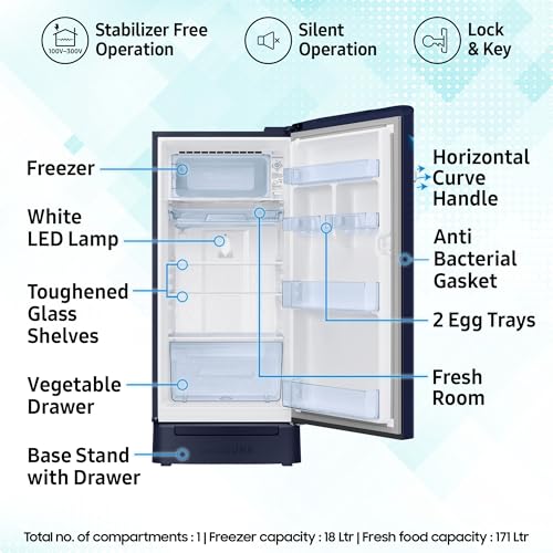 Image of Samsung 189 L, 5 Star, Digital Inverter, Direct-Cool Single Door Refrigerator (RR21H2H25UZ /HL, Midnight Blossom Blue, Base Stand Drawer, Single Touch Defrost, 2026 Model)