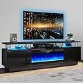 oneinmil 70" Modern Electric Fireplace TV Stand for TVs Up to 80 inch, with Electronic Flame and LED Lights, Luxury High Gloss Finish Entertainment Center, TV Console Cabinet for Living Room, Black
