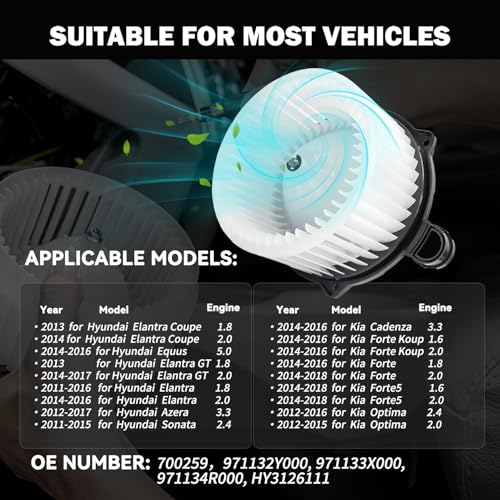 Image of 700259 Front AC Heater Blower Motor Fan Fit for Hyundai Azera 2012-2017, Elantra 2011-2016, Coupe 2013-2014, Elantra GT Equus Sonata for KIA Cadenza Forte 5 Optima Forte Koup 97113-3X000
