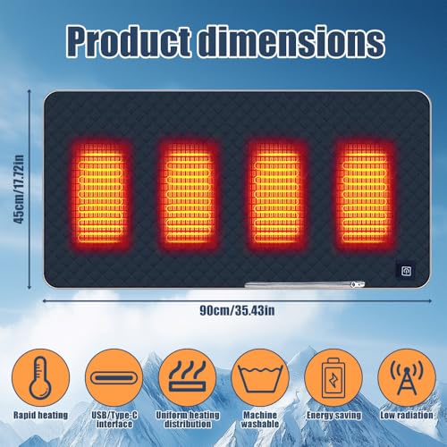 LYPPUL Sitzkissen Beheizbar Outdoor, 45 x 90 cm Beheizbares Sitzkissen, Stadion sitzkissen mit 3 Heizstufen, Beheizt USB Beheiztes Heizkissen, beheiztes sitzkissens für Ausflug Camping Bürostuhl Sofa