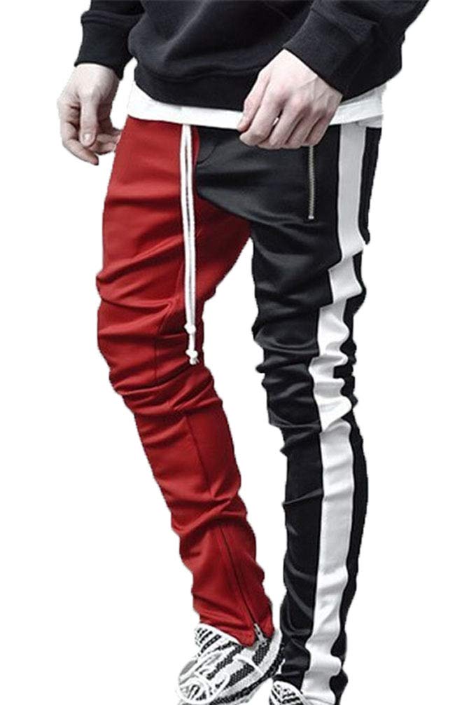Huixin Spodnie dresowe męskie jesienne zimowe spodnie dresowe splice paski spodnie sportowe mieszane kolory eleganckie spodnie ołówkowe, Czerwony, XL