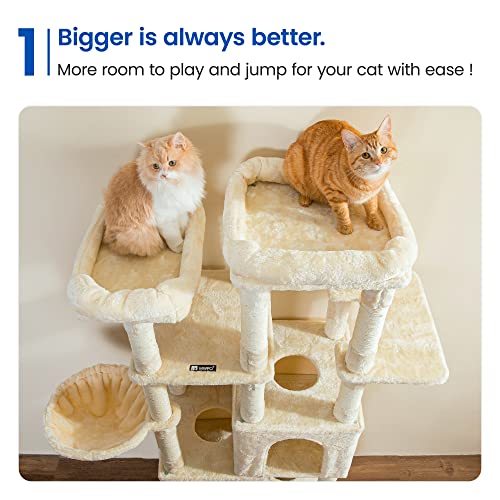 Image of MWPO Extra Large Cat Tree - 70.1-Inch Tall Cat Tower with 3 Cat Condos, Multi-Level Cat Stand for Large Cats Featuring Scratching Posts, Padded Perches, Hammock, Dangling Toys, Beige