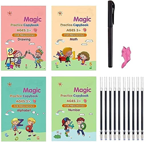 HOTSTICK Magic Drawing Practice Copybook (4 Books,10 Refill), Number Tracing Book for Preschoolers with Pen, Magic Calligraphy Copybook Set Practical Reusable Writing Tool Simple
