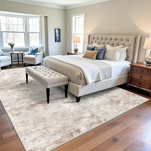 Washable Abstract 10x12 Area Rug - Large Soft Rugs for Living Room Non Slip Rubber Backing Indoor Carpet for Bedroom Living Room Farmhouse Distressed Stain Resistant Floor Decor Mat 10x12 Brown