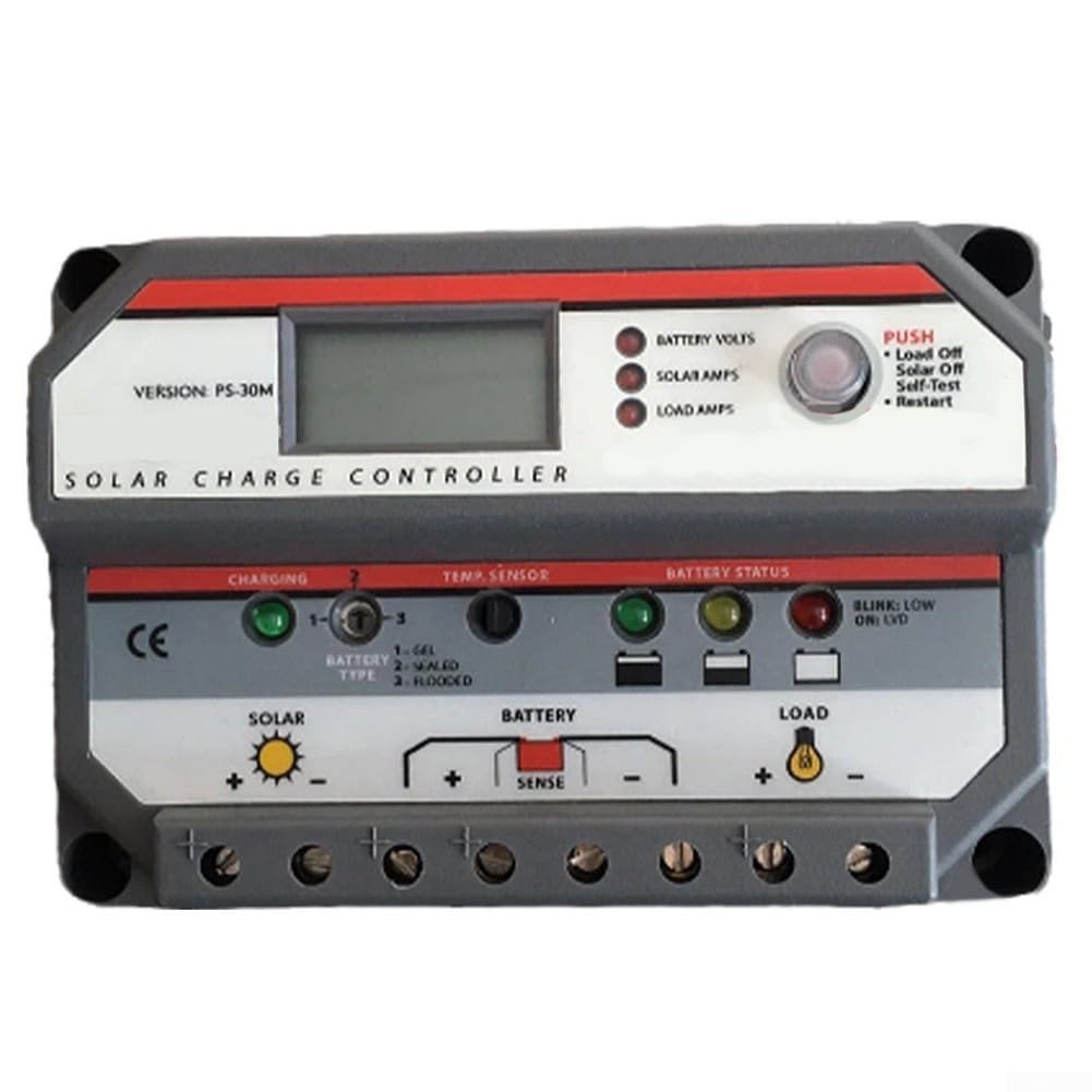 PS-30M Solar Charge Controller 12/24V 30A with LCD Display for Charging, Compatible with Sealed Flooded Gel Batteries, Parallel Connection Support for