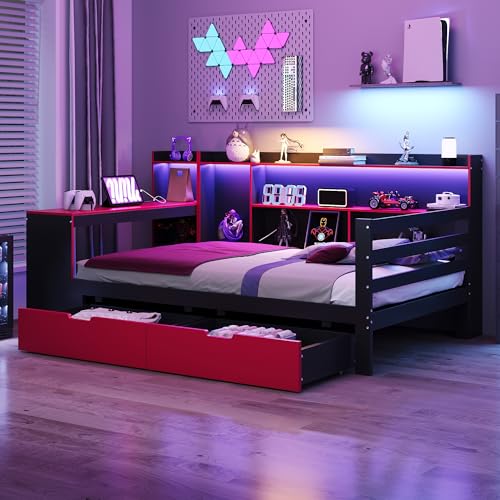 Crlnaup Cama de madera sofá cama 90 x 200 cm, con escritorio, estantería, estantes de almacenamiento y estantes, con iluminación integrada y enchufes, cajones, cama de madera multifuncional, color
