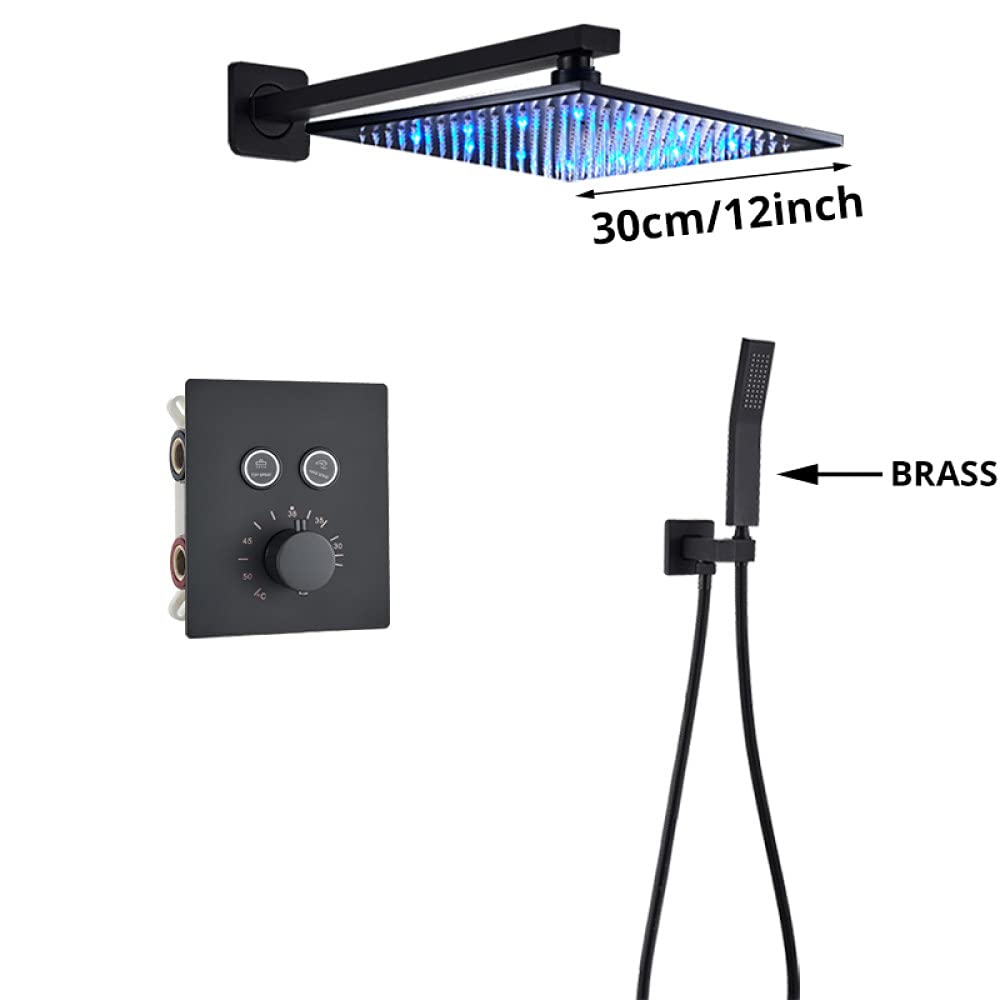 Luksusowa czarna bateria prysznicowa termostatyczna do łazienki deszczownica bateria ścienna do wanny zestaw prysznicowy ścienny B 3W 12" sufitowy,2-drożny 12-calowy