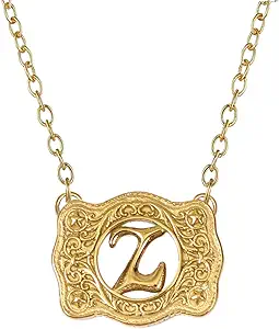 14K Gold Belt Buckle Necklace Western Style Initial Letter Pendant Necklace, Decorative Belt Buckle Frame Design
