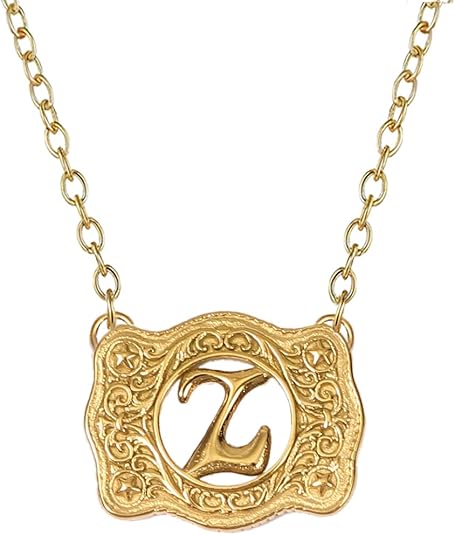 14K Gold Belt Buckle Necklace Western Style Initial Letter Pendant Necklace, Decorative Belt Buckle Frame Design
