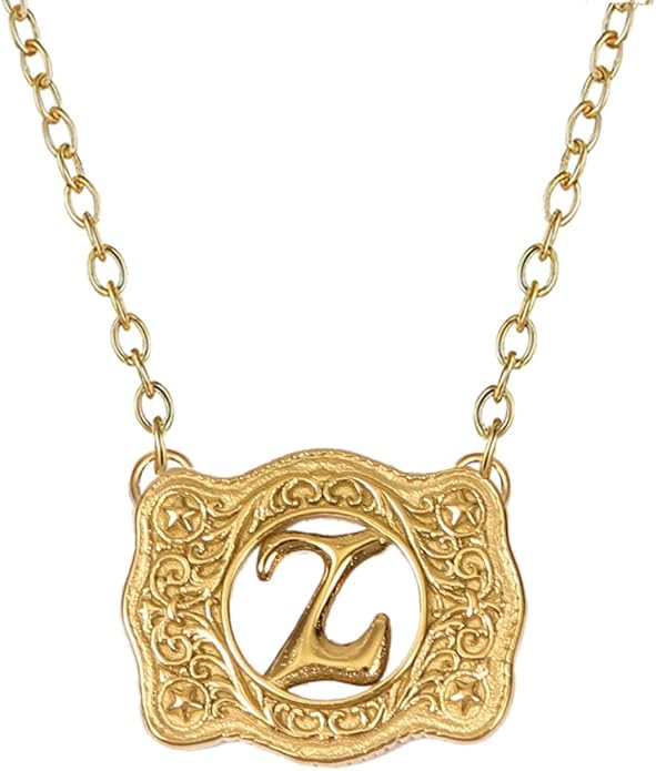 14K Gold Belt Buckle Necklace Western Style Initial Letter Pendant Necklace, Decorative Belt Buckle Frame Design