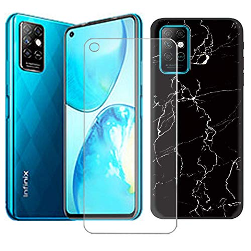 Case for Infinix Note 8 Cover + Screen Protector Tempered Glass Protective Film - YZKJ Flexible Soft Gel Black TPU Silicone Protection Case for Infinix Note 8 (6.95") - LLM9