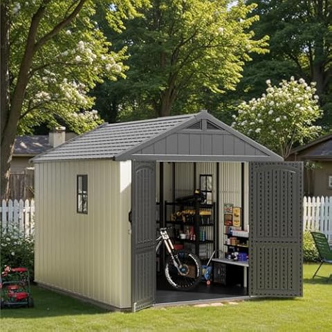 Patiowell 8 x 10 FT Plastic Outdoor Storage Shed with Floor, Resin Shed with Light and Lockable Door for Garden, Backyard, Tool Storage Use, Easy to Install in Beige (Kick-it Shed) Cover