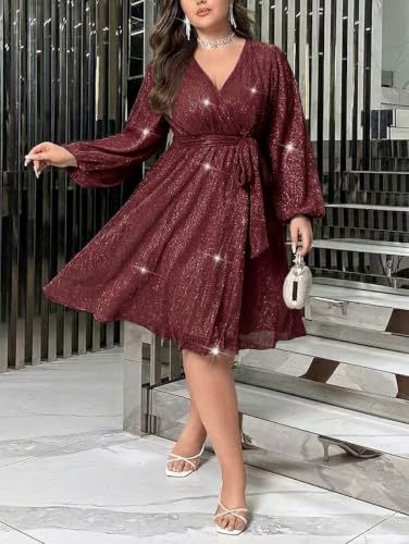 Image of RED DOT BOUTIQUE 876 - Plus Size Elegant Sheer Sleeve Dress with Waist Sparkle Chiffon Mesh Cocktail Dress