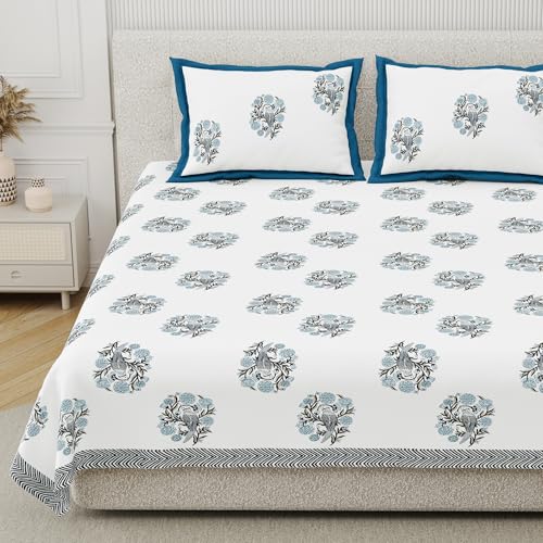 Image of DE CAMA Since 1997 | 100% Cotton 300 TC Premium King Size Bedsheet for Double Bed (90 x 108 Inch) with 2 Pillow Covers Set (17 x 27 Inch) Designer Printed Bedsheet Set - Birds of Wings Blue