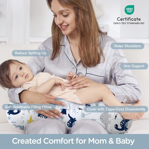 Image of Little Grape Land Ergonomic Nursing Pillow,New Breastfeeding Pillows Support for Mom and Baby,Breathable and Soft with Cute Washable Cover, Multi-Use Feeding Pillow for 0-12 Months, Dinosaur