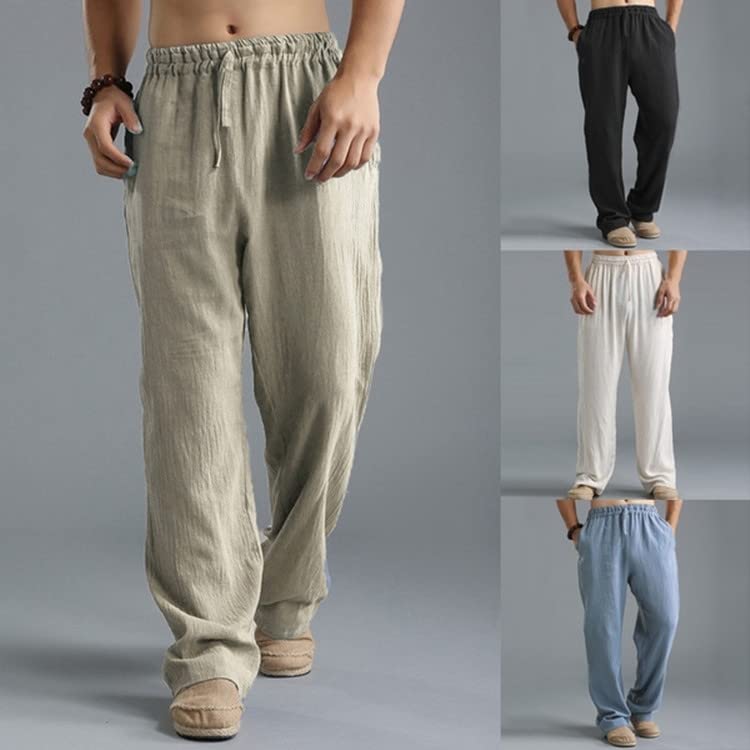 Men's Casual Linen Pants Elastic Waist Drawstring Lightweight Beach Summer Pants Straight-Legs Loose Trousers3