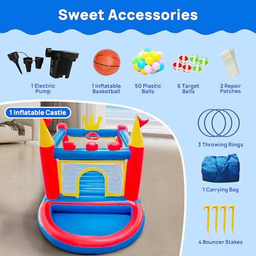 Inflatable Bounce House with Blower, PVC Bouncer for Kids Ages 3-8, Indoor and Outdoor Bouncy Playhouse, Jumping Castle with Pump, Ball Pit, Ringtoss and Target Game, Bouncer for 3 Kids - Image 7