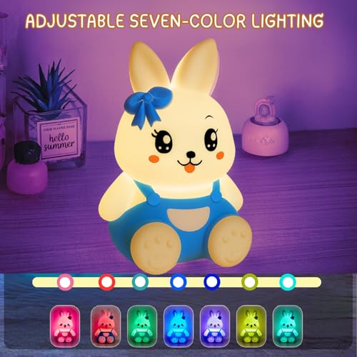 Image of One94Store Blue 7-Color Silicone Rabbit Night Lamp | Soft Squishy Cute Rabbit LED Bedside Light with Tap Control, Nursery Sleep Light, Rechargeable Baby Night Lamp for Bedroom & Home Decor