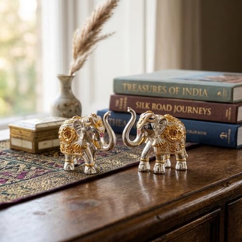 Image of eCraftIndia Silver Golden Set of 2 Elephant Statue Showpiece for Home Decor Office Table | Animal Figurines Good Luck Gift for Housewarming Birthday