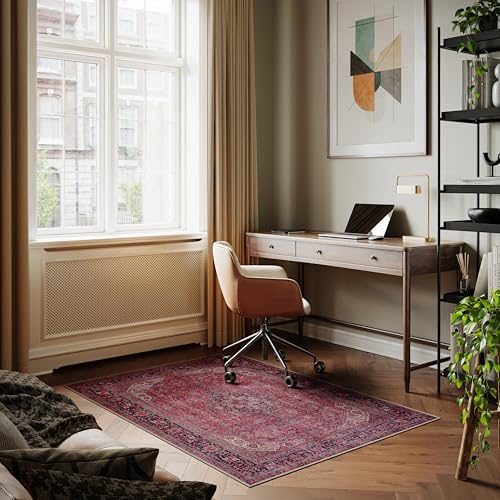 Machine Washable Rug, 122x170cm, 75% Recycled Cotton, Short Pile, Non-Slip Backing, Non-Shedding, Suitable for Living Room, Bedroom, Kitchen, Hallway, Office, Aesthetic Crimson Red - Image 3