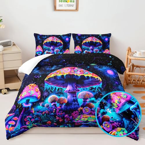 Image of AILONEN Cartoon Mushroom Comforter Set Queen Size, Black Starry Purple Magic Mushroom Bedding Set,3Pcs Plant Fungus Comforter with 2 Pillowcases