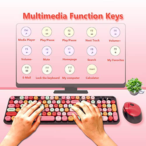 Image of Wireless Keyboard and Mouse Combo, Ergonomic Cute Retro Typewriter Full Size Colorful USB Cordless Keyboard Mouse Set for Gaming and Office (Red)
