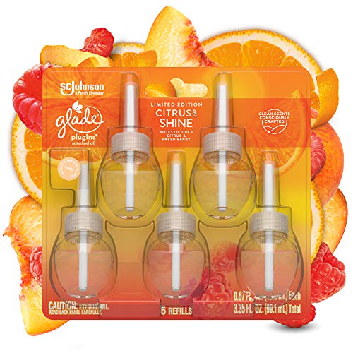 Glade PlugIns Refills Air Freshener, Scented and Essential Oils for Home and Bathroom, Citrus & Shine, 3.35 Fl Oz, 5 Count
