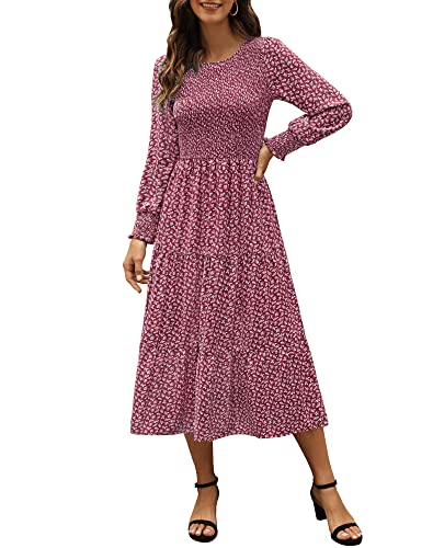 Zattcas Damen Herbstkleider 2025, lässig, langärmelig, gesmokt, Boho-Stil, Blumenmuster, Midi-Kleid für Hochzeitsgäste mit Taschen, Burgunderrot...