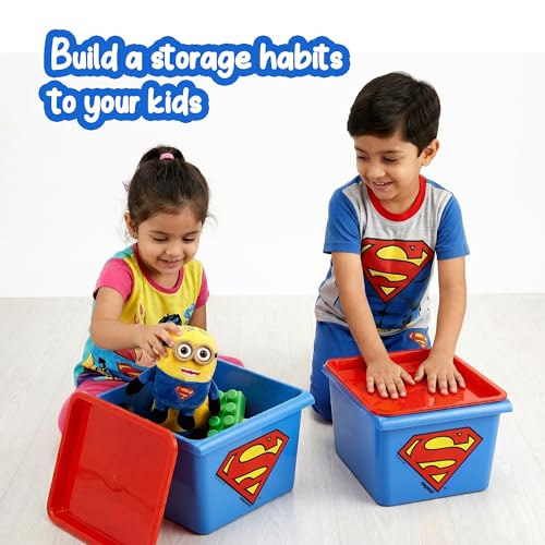 Image of Nayasa Stack N Store Superman, Small, 5 ltrs | DC Superhero Print Plastic Storage Boxes Set of 2 with Lid | Side Handles | Stackable Multipurpose Organizers | Strong & Durable | Blue