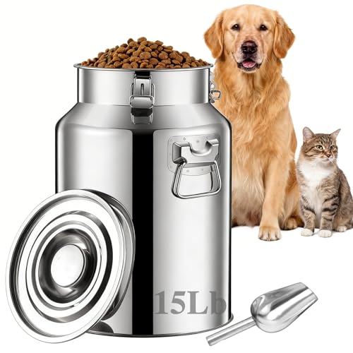 YinCukiEle 15 Lbs Stainless Steel Dog Food Storage Container with Scoop Large Metal Dog Food Bin with Airtight Lid & Locking Clamp Pet Food Container for Dogs & Cats Keep Fresh Easy to Clean