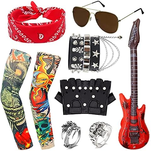 11Pcs Punk Gothic Rocker Costume Set, Rock Heavy Metal Accessories with Retro Sunglasses Gloves Bandana Fake Tattoo Sleeves Bracelet Rings Inflatable Guitar for Women Men Halloween 80s Disco Party Cover
