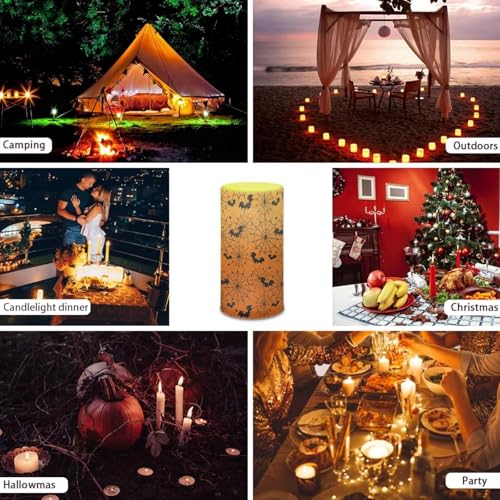 Image of Poceacles Spider Web Bat Orange Gradient Halloween Flameless Candle Electric LED Lights with Timer Remote Color Lights, 3 AAA Batteries Operated (Not Include) Tealight for Home Indoor Decor