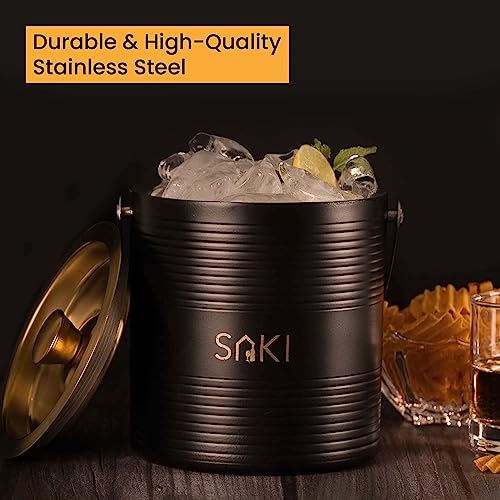 Image of SAKI | Black and Gold Ice Bucket with Tong - 1500 ml | Stainless Steel Double Walled Insulated | Ice Bucket for Bar & Home | Ripple Design Ice Bucket | Perfect for Gifting