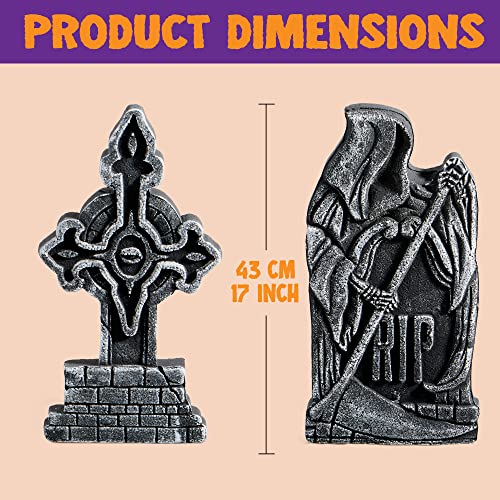 Image of JOYIN 17 inch Halloween Decorations Outdoor Tombstones, 5 Pack Halloween Foam Graveyard Headstone Decorations with 12 Bonus Metal Stakes for Yard Lawn Outside Decor