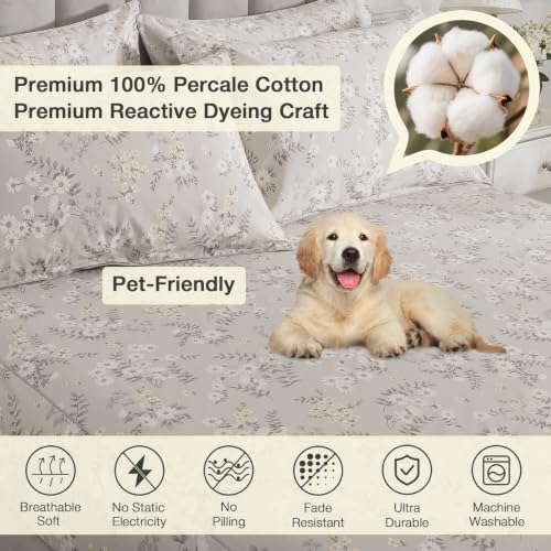 Image of Gray-Beige Floral Percale Sheets California King Deep Pocket, 4Pcs