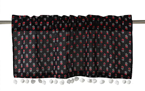 Image of Ravaiyaa - Attitude is everything Hand Printed Half Window Kitchen Curtain 100% Cotton Short Drapery Valance Curtain 40 inch X 18 inch Inch (Black Red Floral)