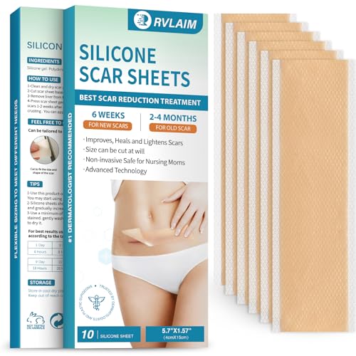 Rvlaim Medical Grade Silicone Scar Sheets (5.7" x 1.57"10 Pcs), Professional Silicone Scar Tape for Surgical C-Section, Keloid, Burn &amp; Acne Scars - Reusable, Waterproof, Stickiness Upgrade