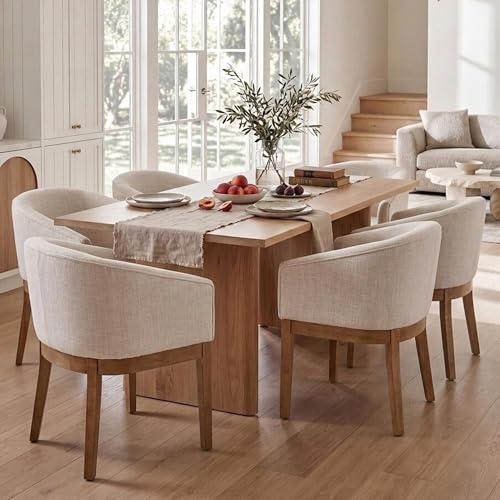 Image of HNY Barrel Dining Chairs Set of 6, Mid Century Modern Upholstered Dining Chairs with Arms, Linen Kitchen & Dining Room Chairs, Solid Wood Frame Accent Chairs for Kitchen, Apartment, Beige