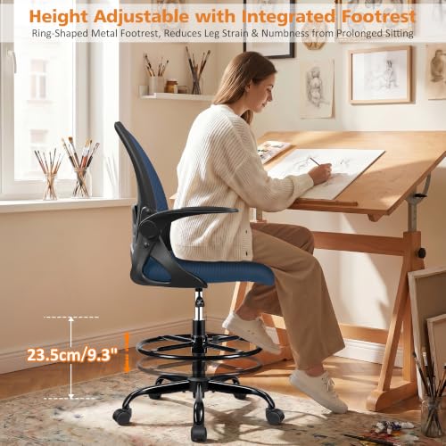 Image of Drafting Chair Tall Office Chair with Flip-up Armrests, Adjustable Height, Enhanced Lumbar Support Ergonomic Rolling Stool, Back Support, Adjustable Foot Rest Ring for Standing Desk Navy