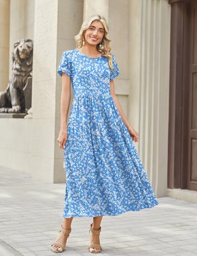 Image of Zeagoo Summer Dresses for Women 2026 Maxi Bohemian Floral Short Sleeve Long Dress Casual Flowy Tired Beach Sundress