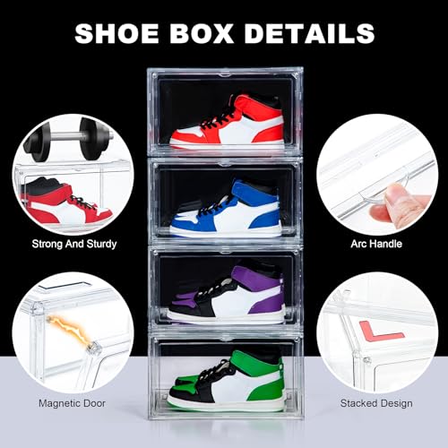 Image of NYZE 12 Pack Acrylic Shoe Boxes Side Open, Clear Shoe Box Plastic Stackable, Shoe Storage Organizer with Magnetic Door, Shoe Display Shoe Containers with Lids Fits Up to Size 15