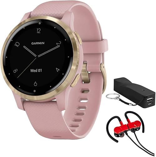 Garmin 010-02172-31 Vivoactive 4S Smartwatch, paquete de polvo rosadorado con auriculares deportivos inalámbricos magnéticos Deco Gear, rojo con