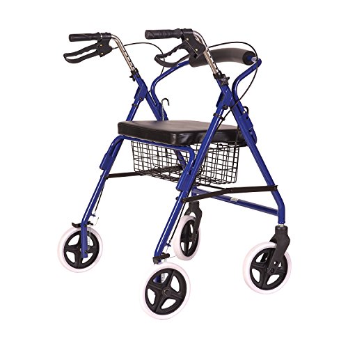 DMI Rollator Walker with Extra Wide Seat and Backrest, Adjustable Handle Height, Removable Storage Basket and a Durable Lightweight Frame That Easily Folds While Supporting up to 375 pounds, Blue