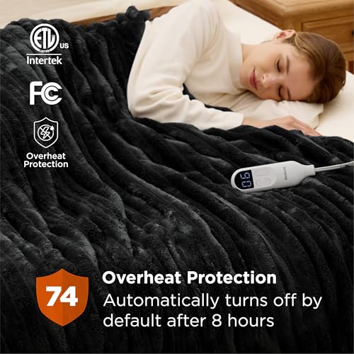 Image of Bedsure Electric Blanket Twin - Thick Striped Flannel Electric Blanket, Heating with 10 Time Settings, 6 Heat Settings, and 8-Hour Timer Auto Shut Off, Gifts for Grandma (62x84 inches, Black)