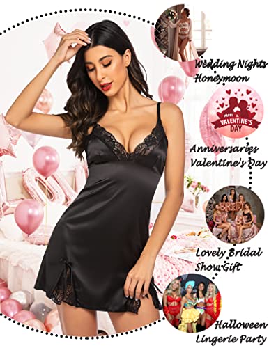 Adome Women Lingerie Lace Chemise Nightgown Satin Babydoll Nightwear Silk Slip Dress Black M #TOP1