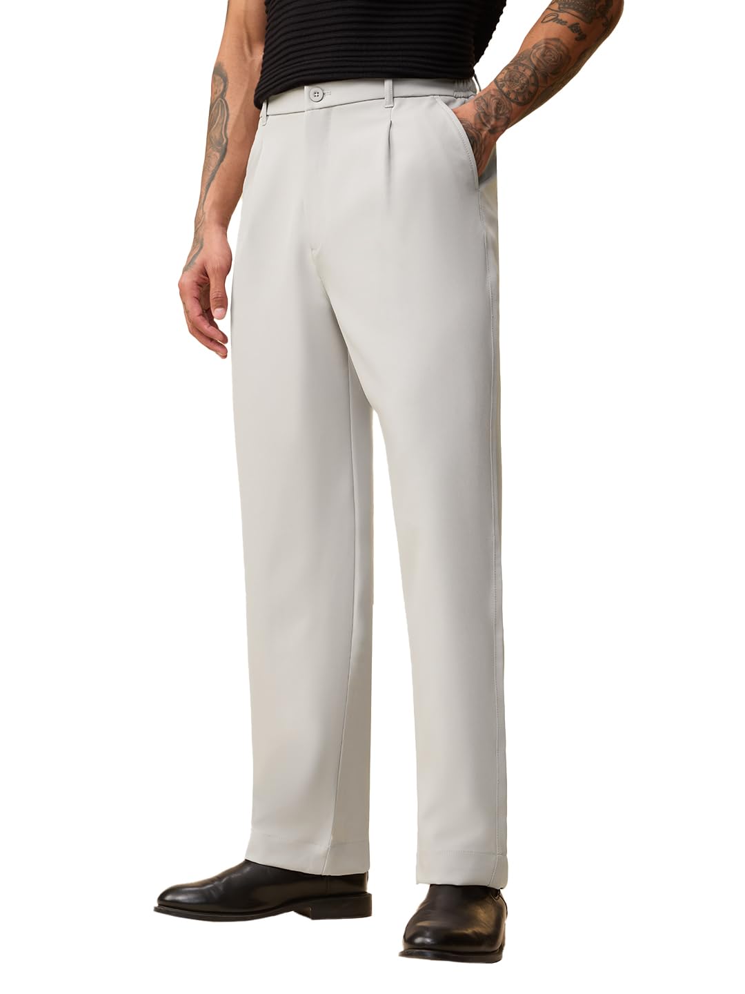 Korean Pants: Men and Boys Solid Polyester Blend Straight Fit Lightweight Easy to Style Everyday Office Wear Pleated Front Stretch Trousers-image-49