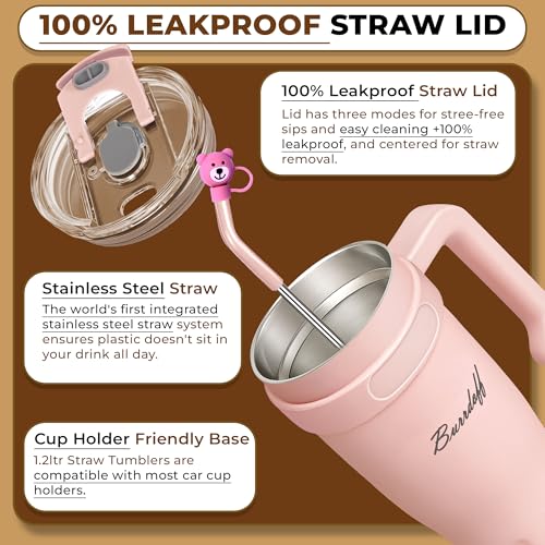 Image of Insulated Tumbler with Straw Lid and Handle (1200 ML) Double Wall Sipper Water Bottle for Adults, Tumbler Bottle with Straw (Pastel Rosette, 1200 ML, with Bear Straw Cover)